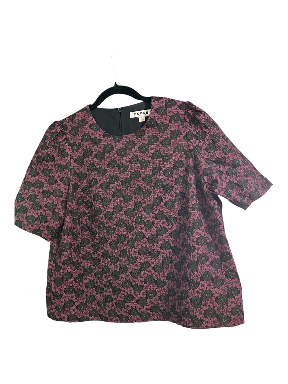 Boden Black and Dark Purple Floral Jacquard Short Sleeve Top